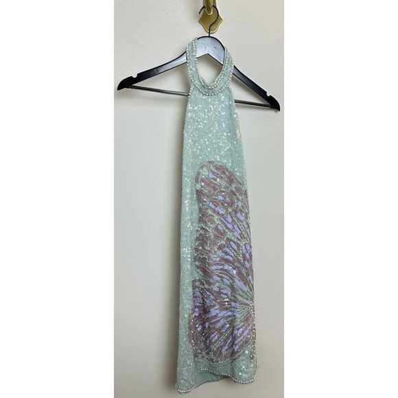 ASOS DESIGN Halter Mini Dress With Embellished Butterfly Artwork in Blue US 6 - Picture 4 of 11